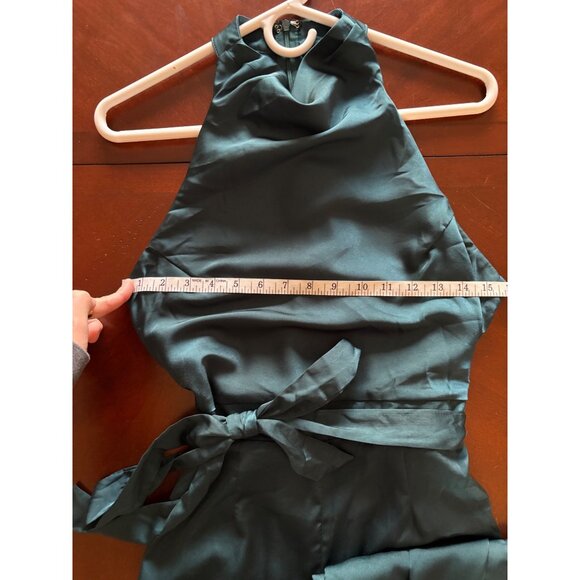 Lulus Luxe Vision Satin Halter Wide-Leg Jumpsuit Dark Teal Women’s Medium NWT - Picture 9 of 12
